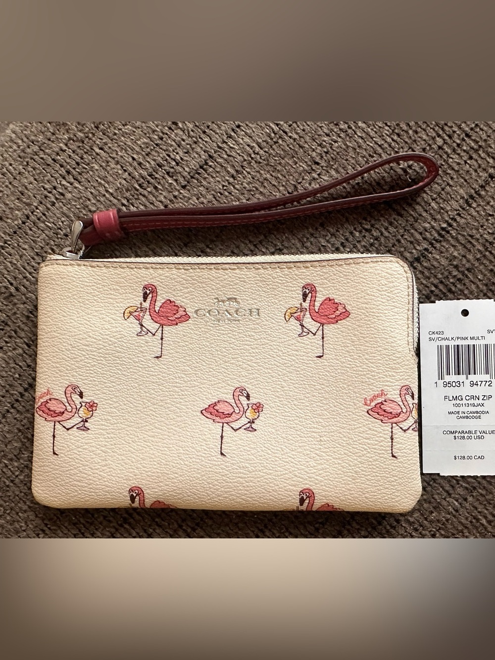 Coach Corner Zip Wristlet with Flamingo Print, Style No. CK423 LN